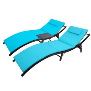 Synthetic Rattan Lounger With Aluminum Frame And Blue Padding