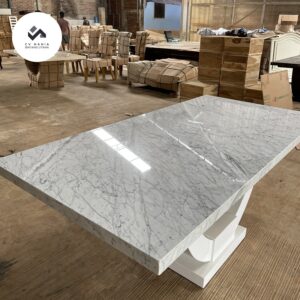 top Carara Marble Dining Table Duco Teak Legs