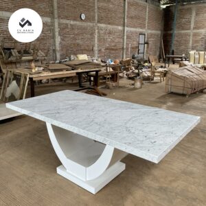 side Carara marble dining table duco teak legs 4