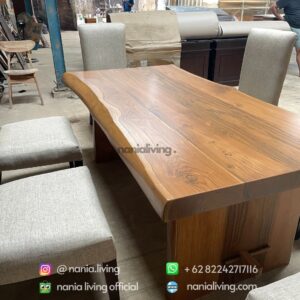 Thick teak board dining table with 6 chairs