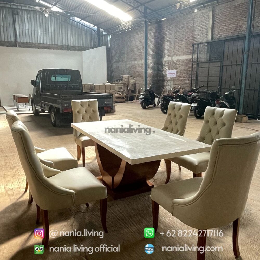 Carara Marble Dining Table Set Minimalist Teak With 6 Chairs