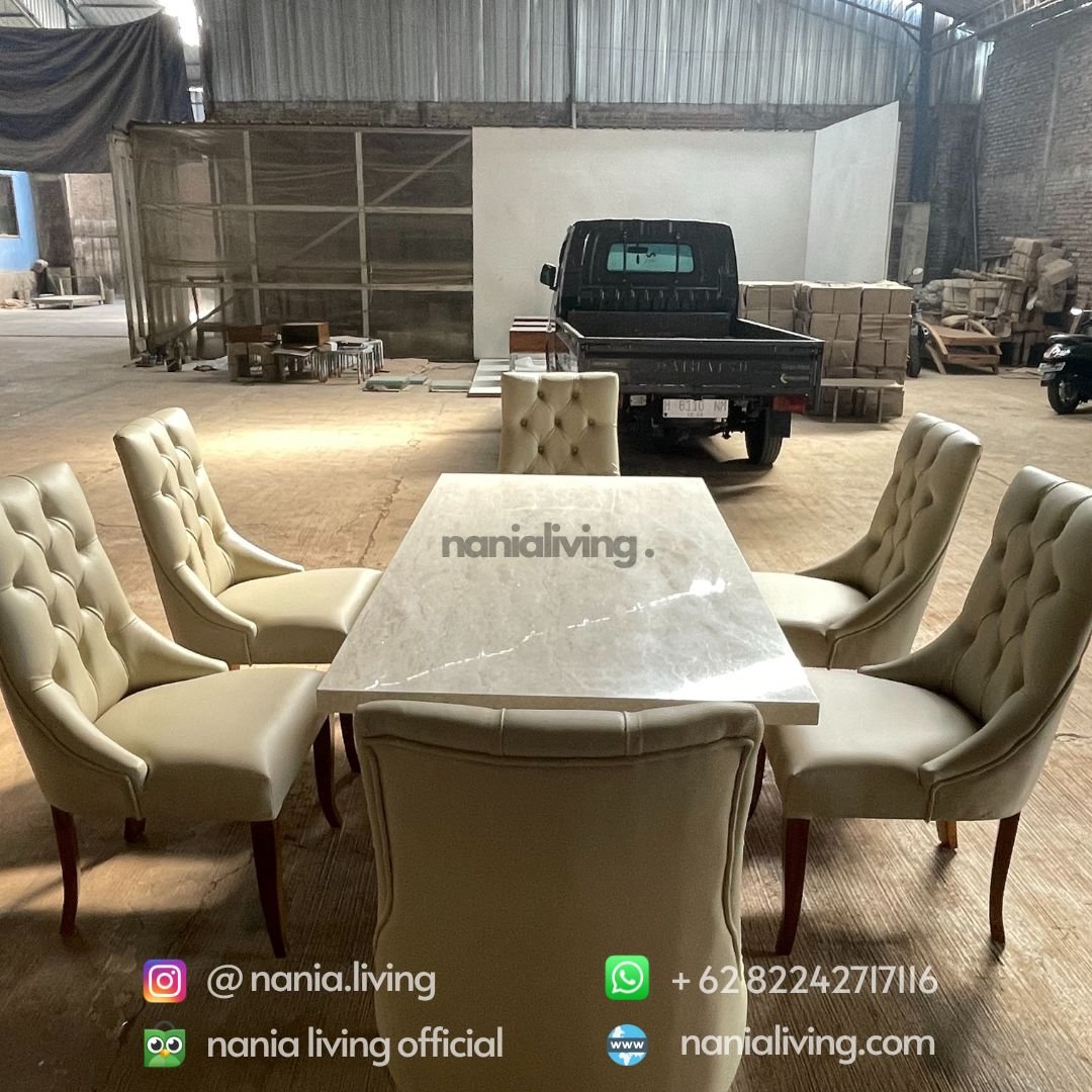 Carara Marble Dining Table Set Minimalist Teak With 6 Chairs 3 side nania living Carara Marble Dining Table Set Minimalist Teak With 6 Chairs