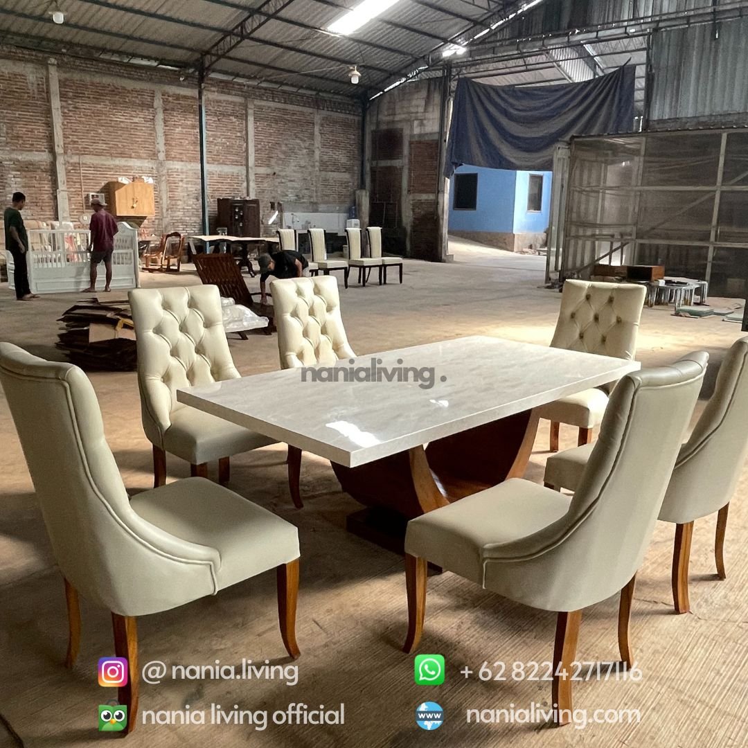 Carara Marble Dining Table Set Minimalist Teak With 6 Chairs 6 nanialiving