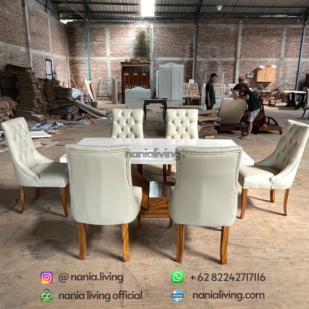 Carara Marble Dining Table Set Minimalist Teak With 6 Chairs 7 cv nania bintang utama