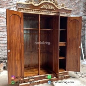 open door Teak Cabinet 3 Doors Minimalist Carved Jepara