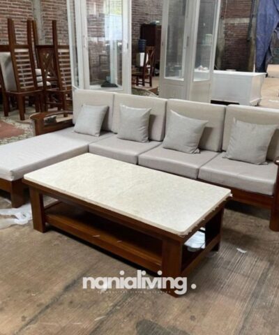 teak guest sofa L corner table top marble