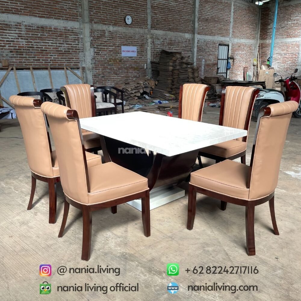 Photo inspiration: Fresh Look at Teak Minimalist 6 Seater Marble Dining Table Set