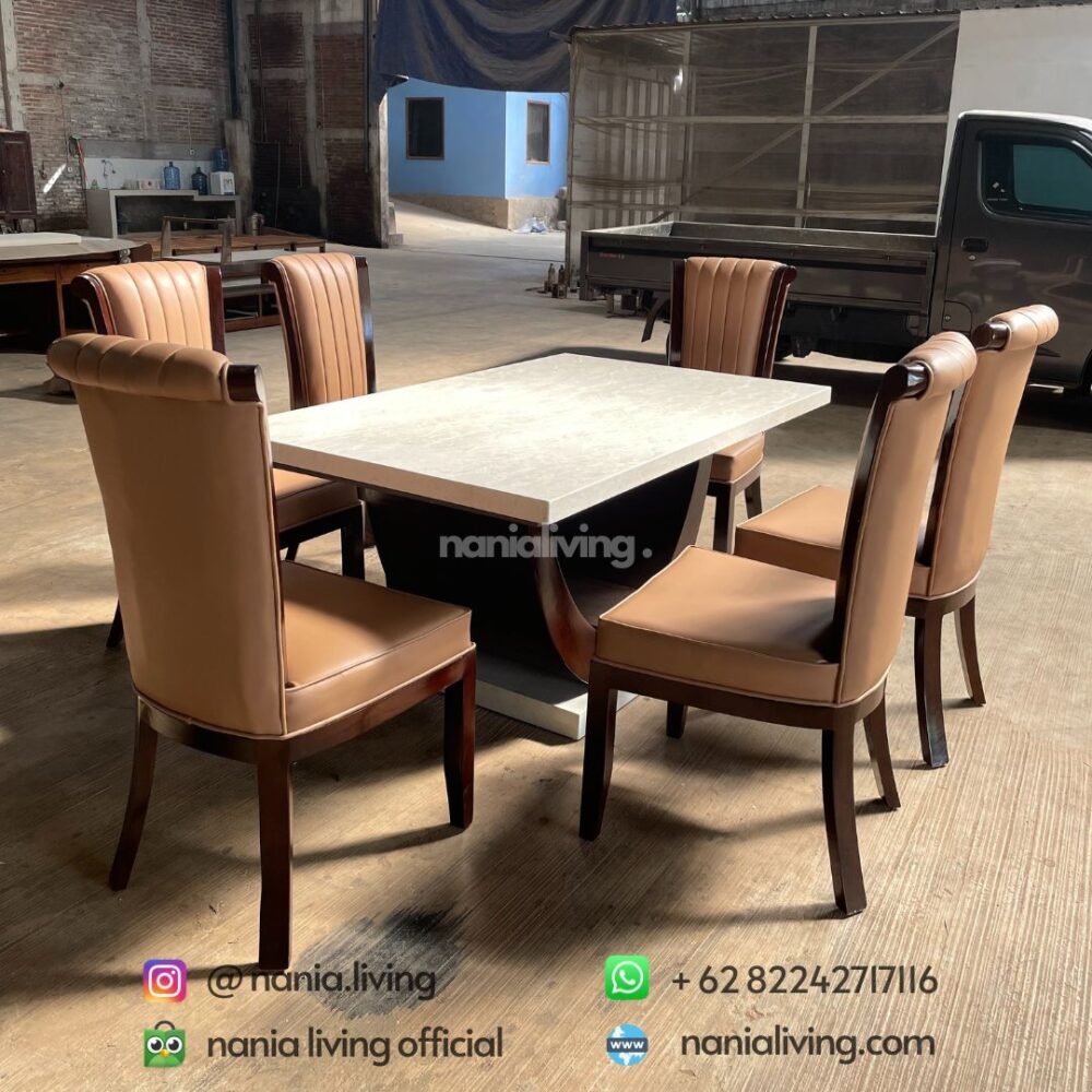 Teak Minimalist 6-seater Marble Dining Table Set