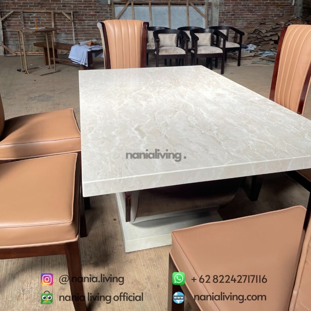 Visual Reference: Teak Minimalist 6 Seater Marble Dining Table Set