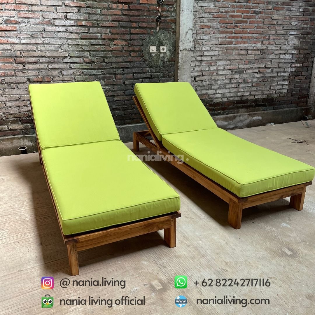 Teak Minimalist Sun Loungers With Green Cushions