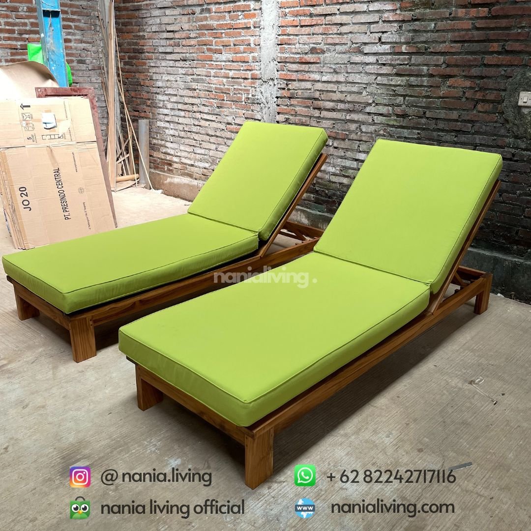side Teak Minimalist Sun Loungers With Green Cushions