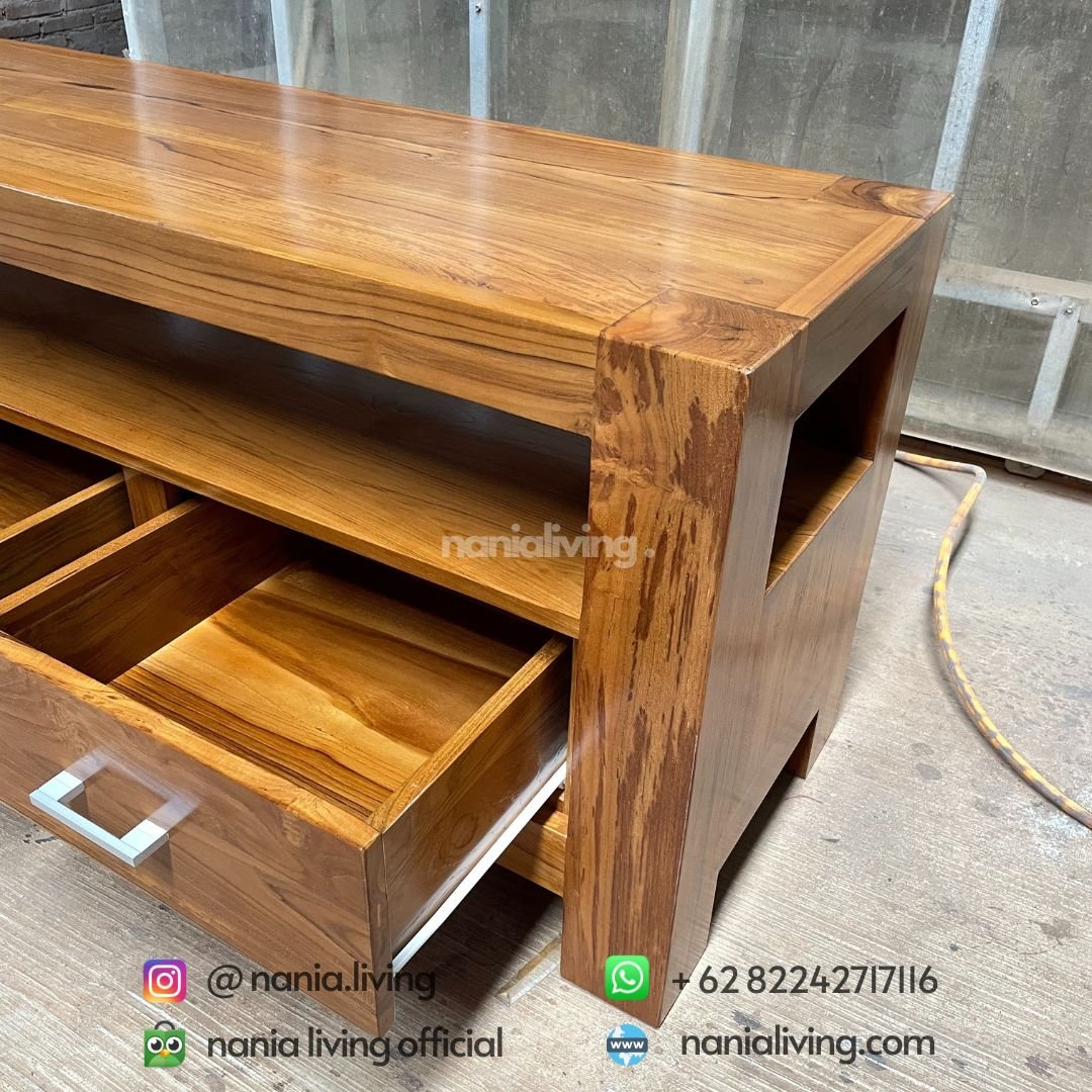detail Teak Minimalist Tv Table 3 Drawers