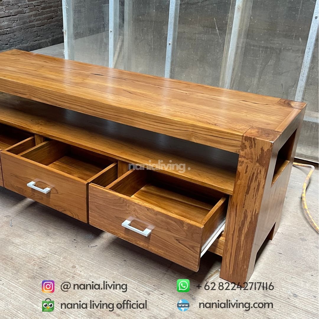 Teak Minimalist Tv Table 3 Drawers