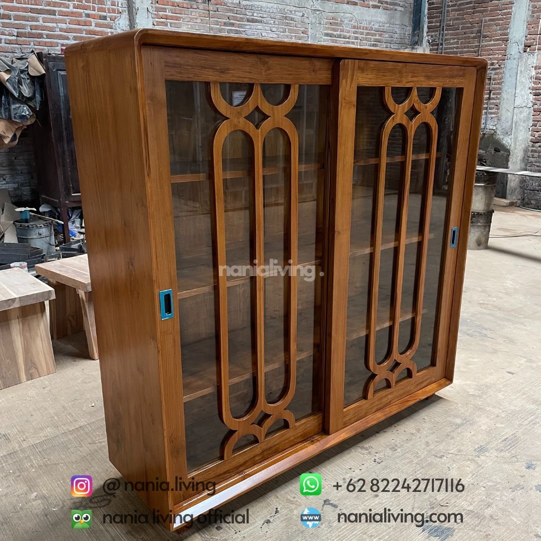 Minimalist Retro Teak Sliding Glass Cabinet 3 side Minimalist Retro Teak Sliding Glass Cabinet