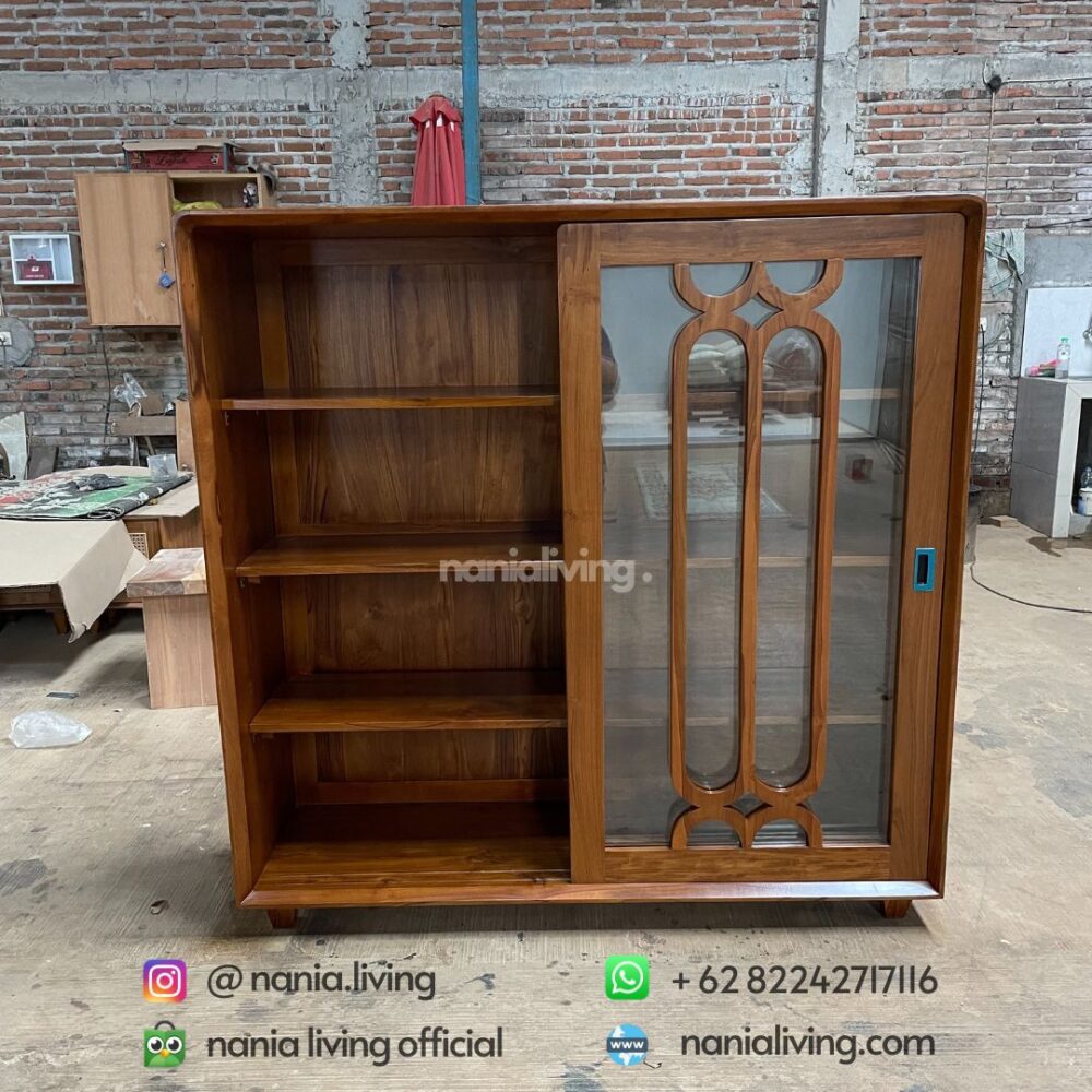 open door Minimalist Retro Teak Sliding Glass Cabinet