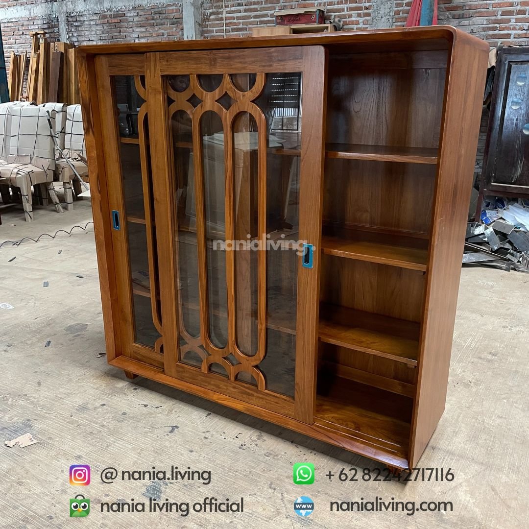 Minimalist Retro Teak Sliding Glass Cabinet 5 cv nania bintang utama
