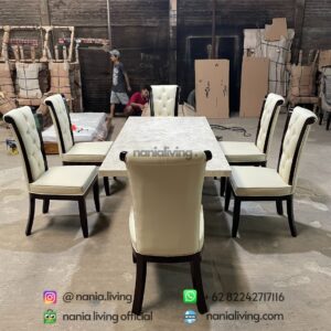 side Marble Dining Table Set With Diamond Pattern Dining Chairs