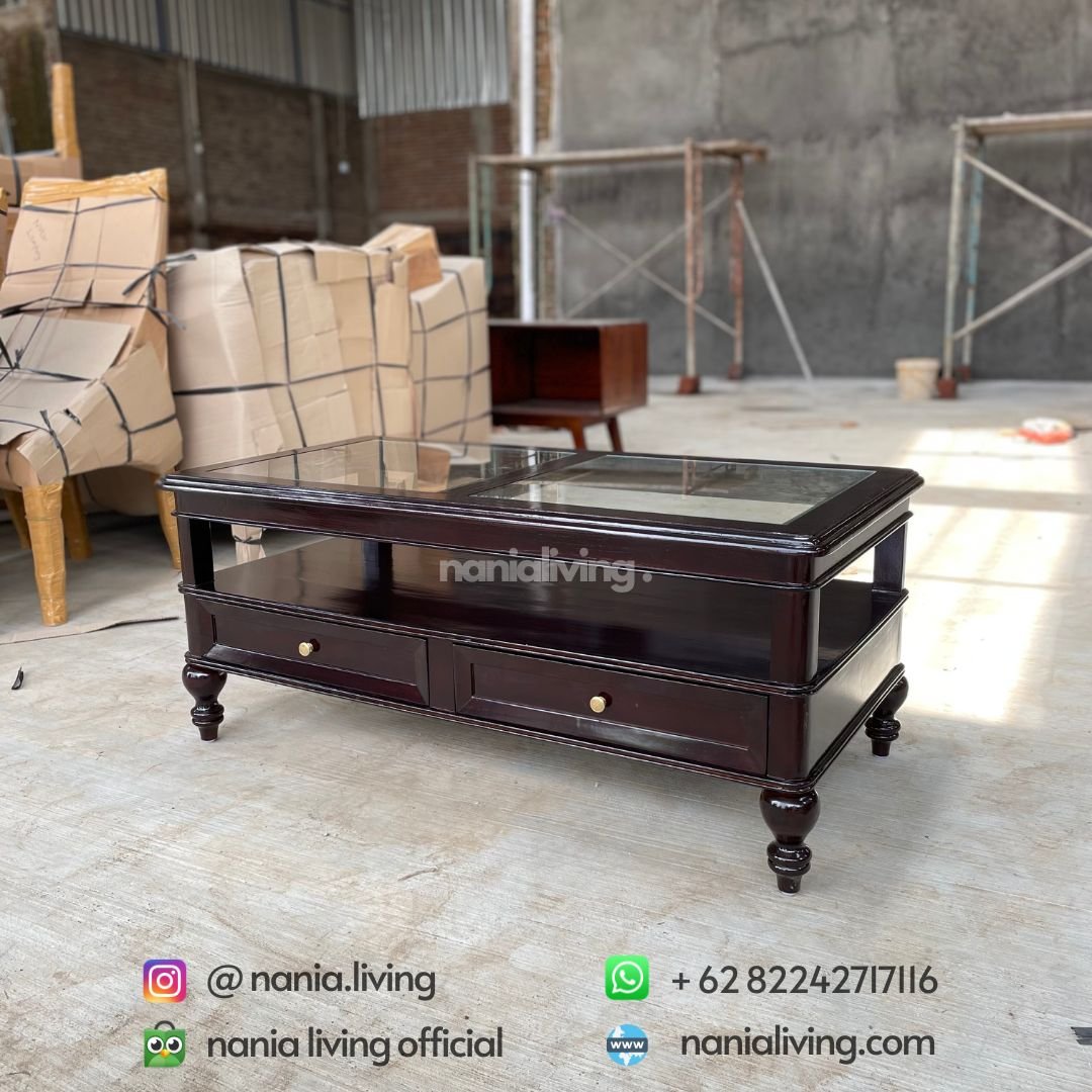 side Glass Top Teak Living Table