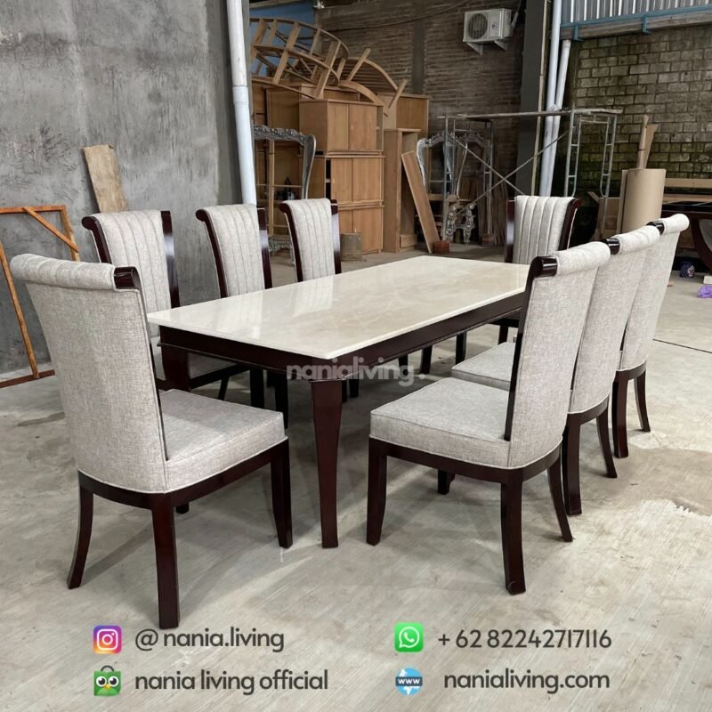 Curated visual reference: Picture Idea: Minimalist Marble Dining Table Fabric Chairs