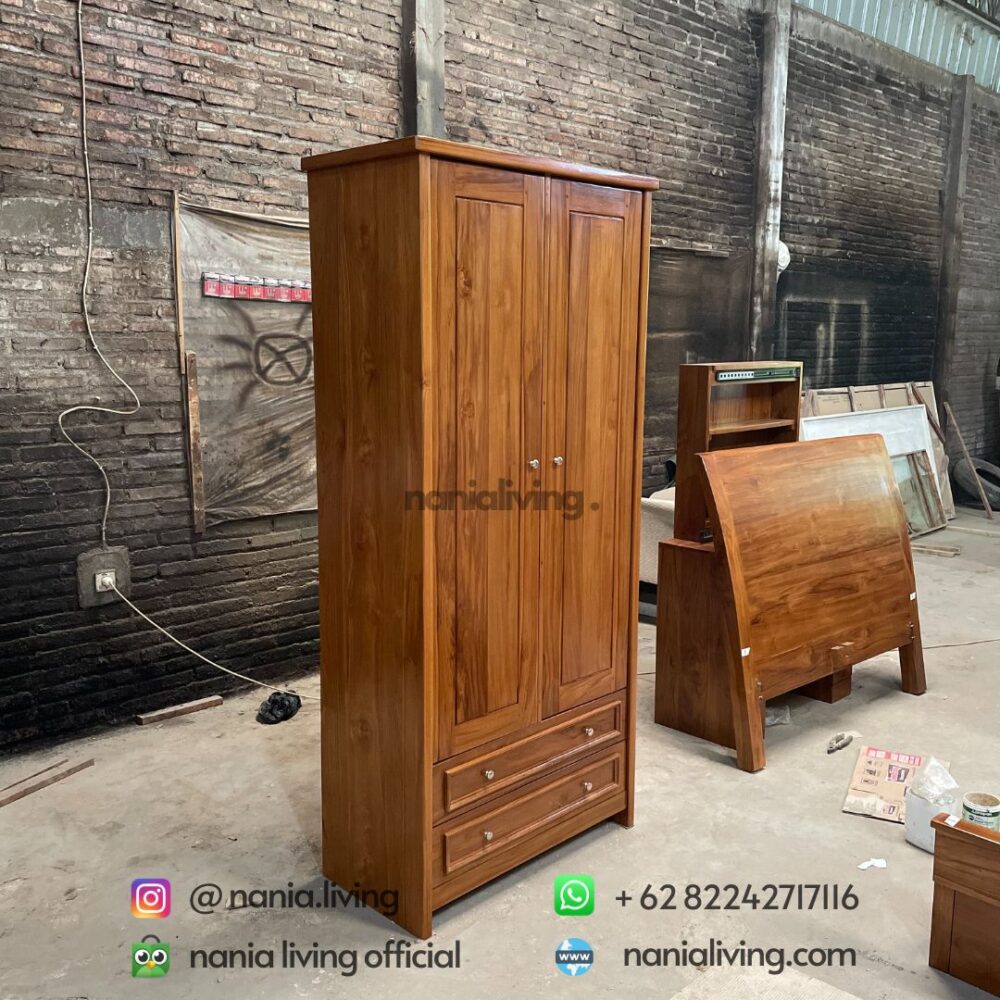side Teak Minimalist Cabinet With Two Drawers And Doors