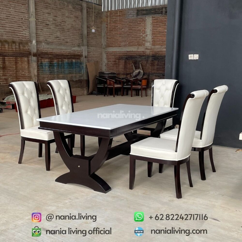 Modern White Top Dining Table Set 6 Dining Chairs