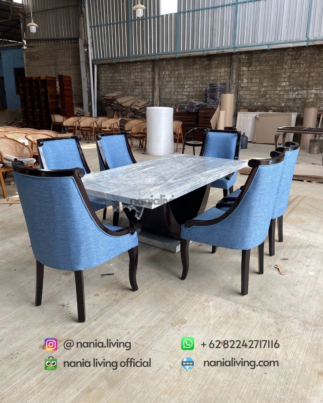 Marble Dining Table Set With Elegant Blue Chairs