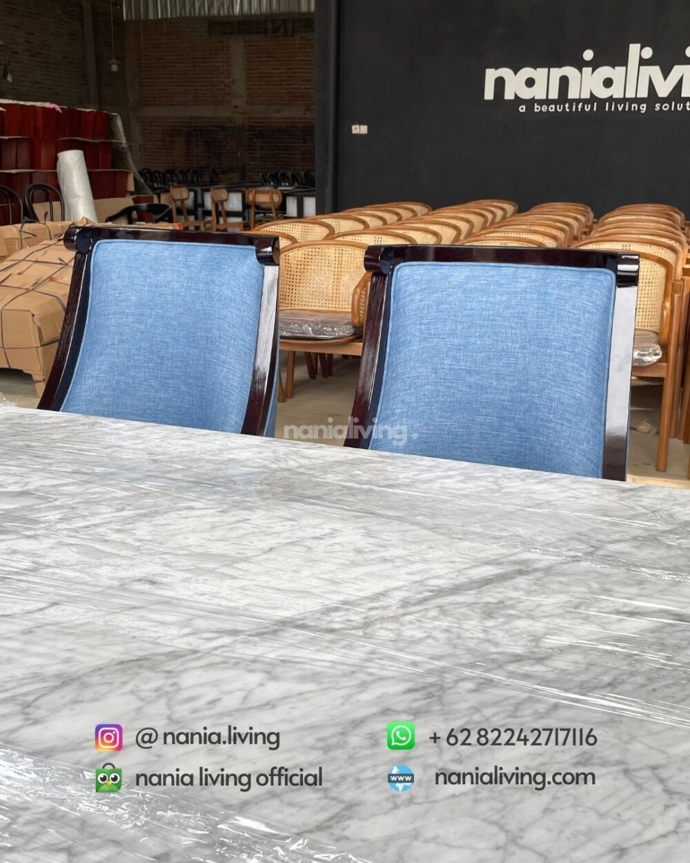 chairl Marble Dining Table Set With Elegant Blue Chairs