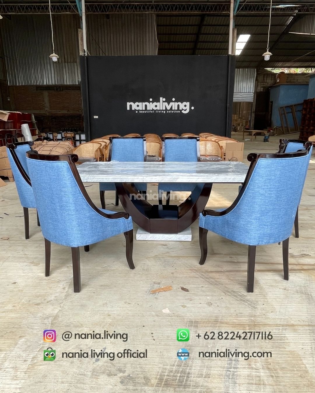 Marble Dining Table Set With Elegant Blue Chairs 5 cv nania bintang utama