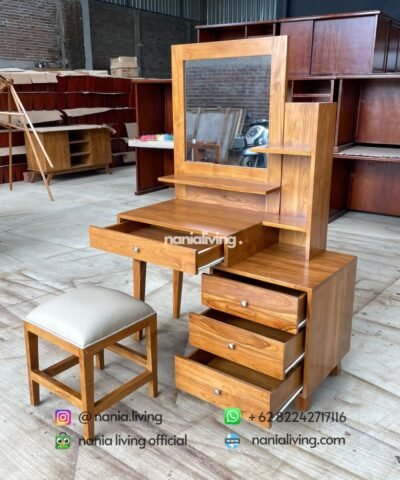 side Minimalist Teak Dressing Table With Stool