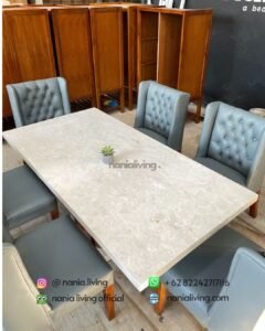 detail Cream Dining Table With 6 Blue Dining Chairs