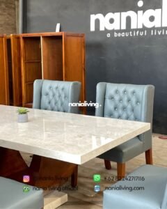 side Cream Dining Table With 6 Blue Dining Chairs