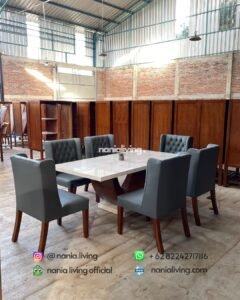 Cream Dining Table With 6 Blue Dining Chairs