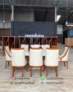 side Cream Dining Table With 8 Modern Dining Chairs