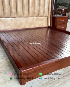 down Minimalist Teak Bed With Two Bedside Tables