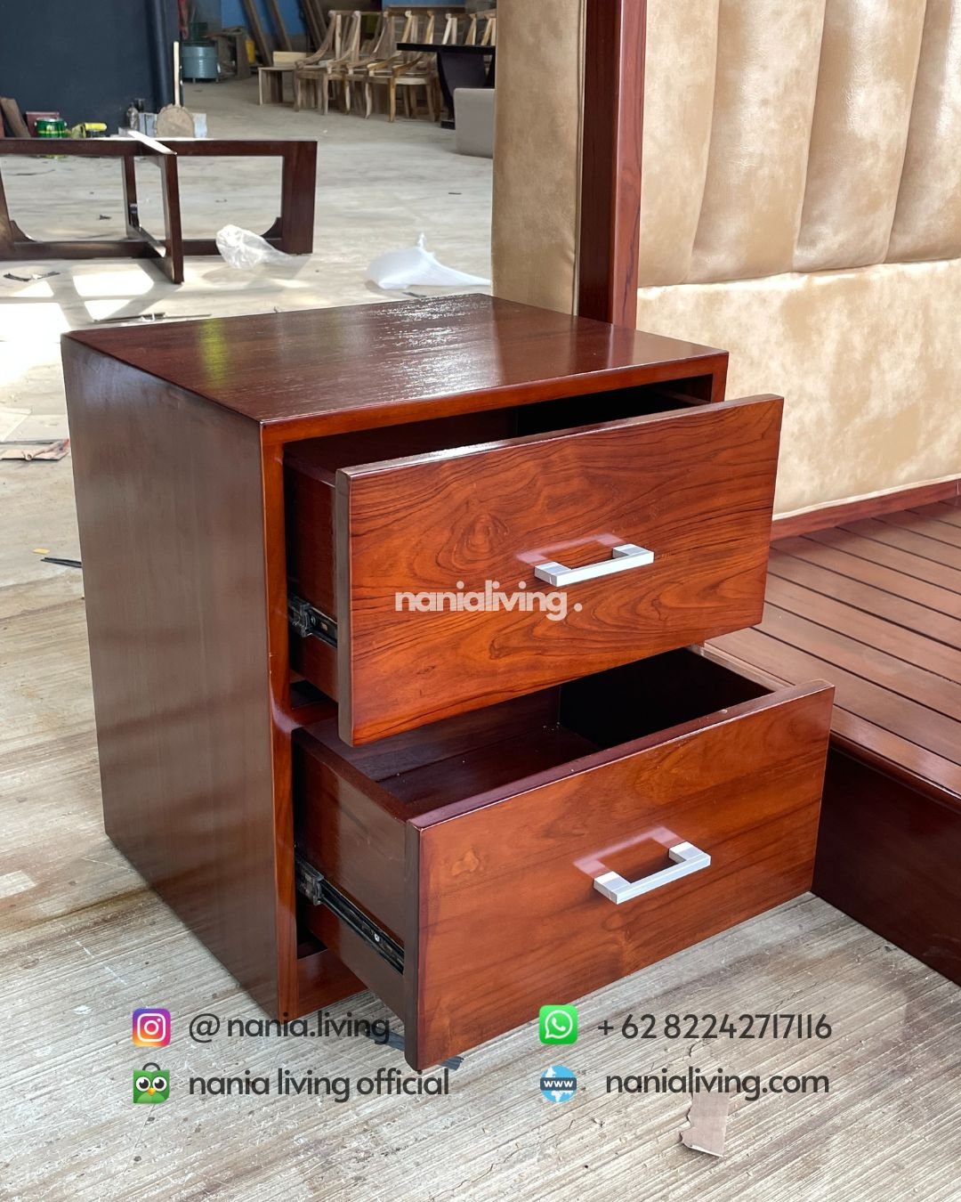 drawer Minimalist Teak Bed With Two Bedside Tables