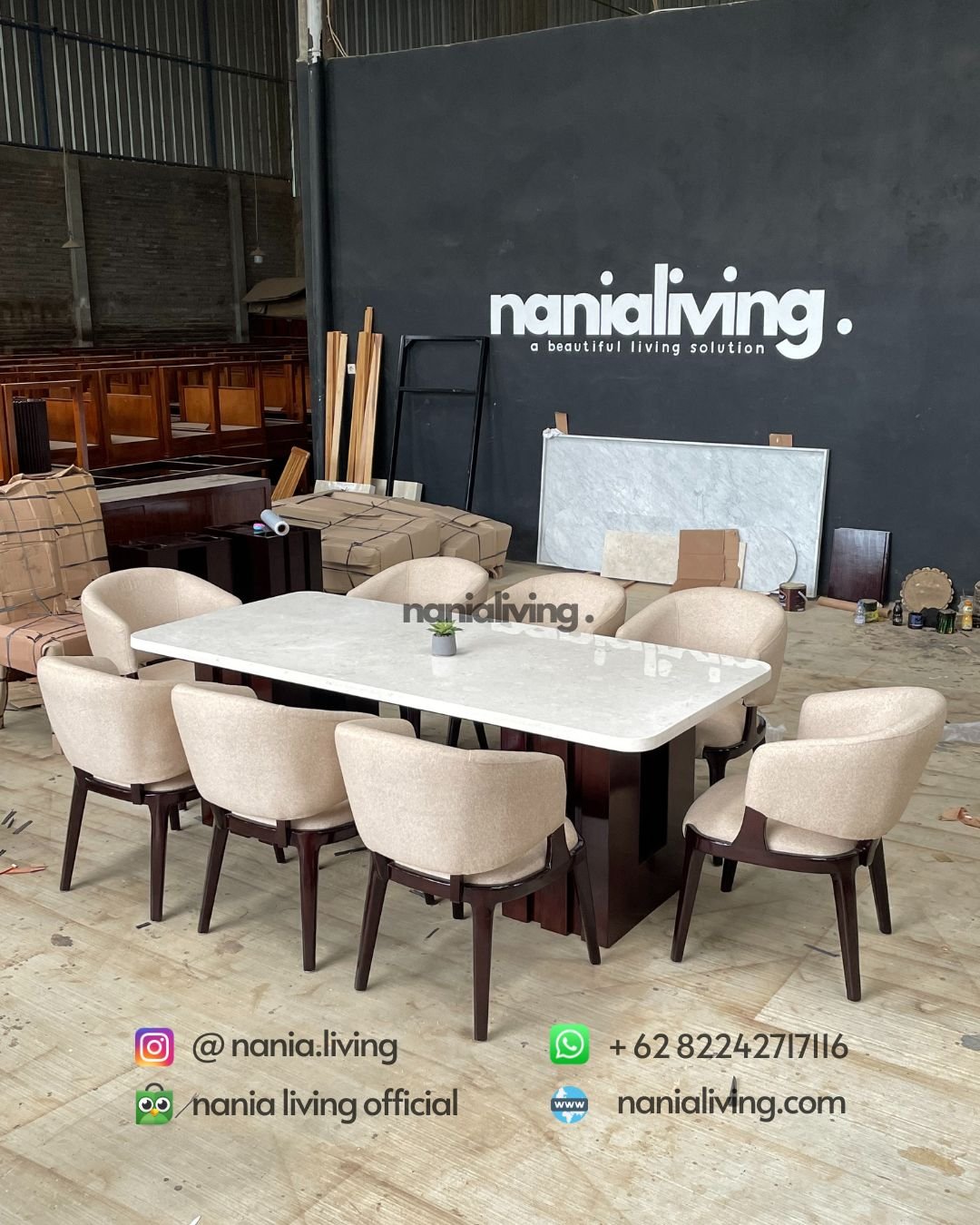 Saint Helena Marble Dining Table With 8 Cream Chairs (1) nania living