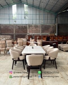 side Saint Helena Marble Dining Table With 8 Cream Chairs