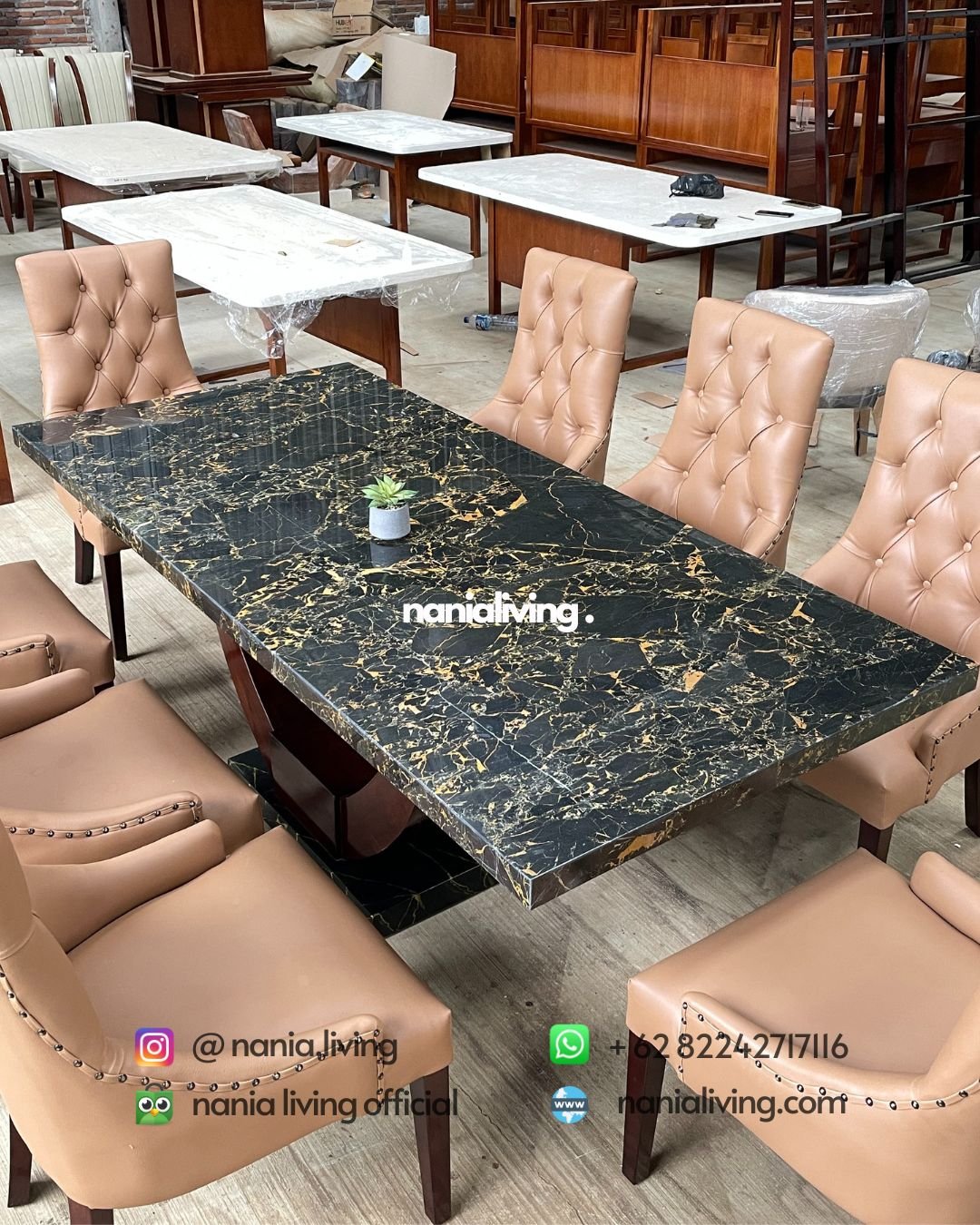 marble black dining table set with 6 luxurious chairs