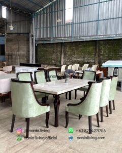 side Cream Marble Dining Table With 8 Modern Chairs