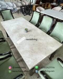 Cream Marble Dining Table With 8 Modern Chairs