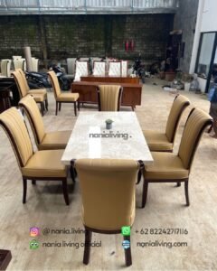 side Marble Dining Table Set With Slatted Chairs