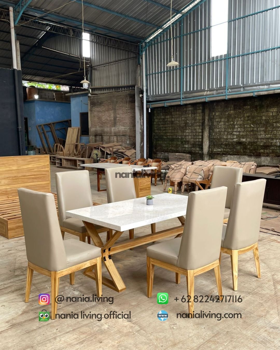 Modern Bleached Teak Marble Dining Table Set (1) nanialiving