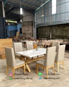 Modern Bleached Teak Marble Dining Table Set