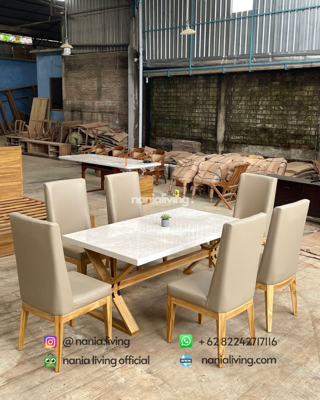 Modern Bleached Teak Marble Dining Table Set (3) side Modern Bleached Teak Marble Dining Table Set