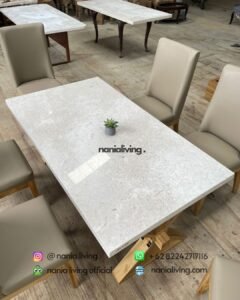 marble Modern Bleached Teak Marble Dining Table Set