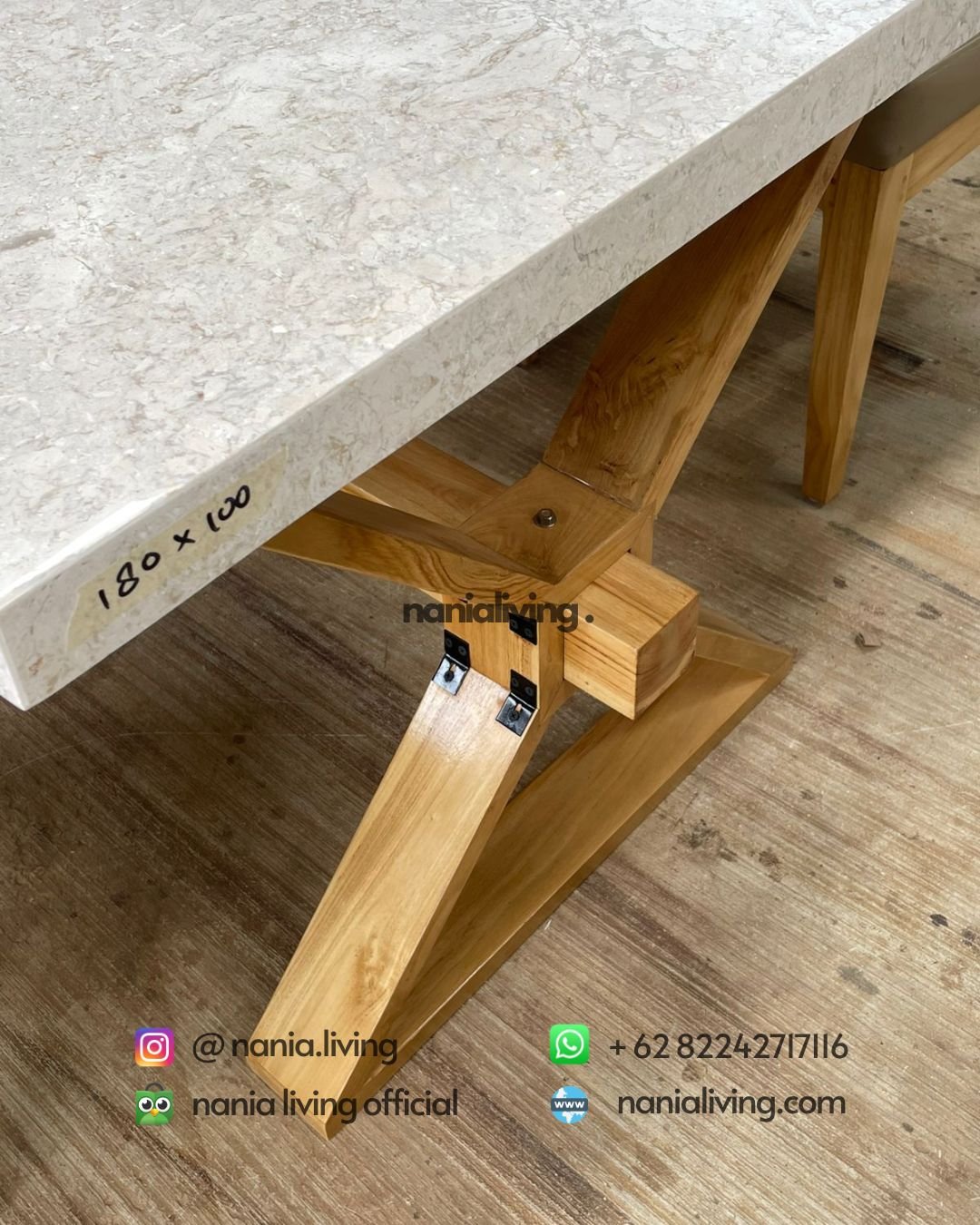 Modern Bleached Teak Marble Dining Table Set (5) detail Modern Bleached Teak Marble Dining Table Set
