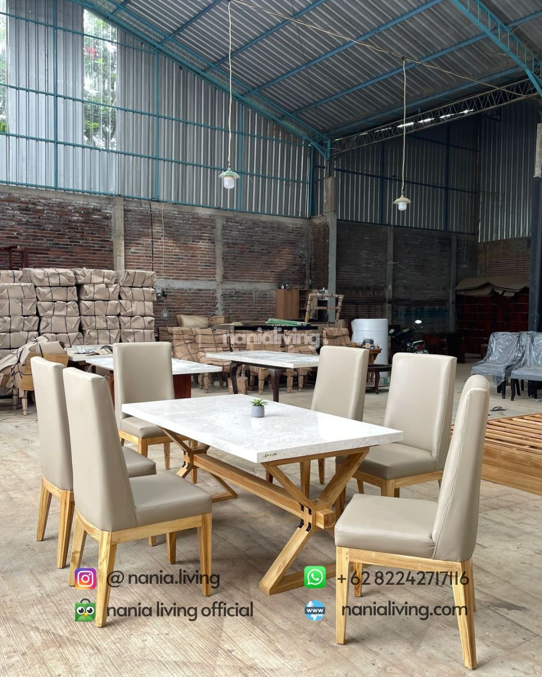 Modern Bleached Teak Marble Dining Table Set (6) cv nania bintang utama