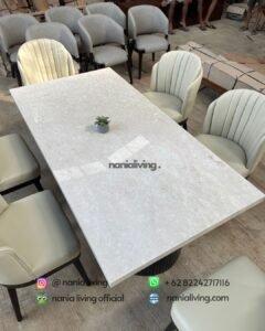 top marmer Modern Dining Table With Fluted Table Legs And 6 Dining Chairs