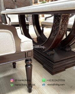 detail Carved Teak And Marble Dining Table With 8 Chairs
