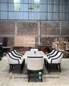 back Carved Teak And Marble Dining Table With 8 Chairs